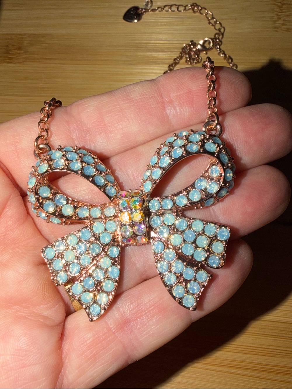 NWOT Betsy Johnson Large Bow Necklace - Rose Gold-Plated with Crystals
